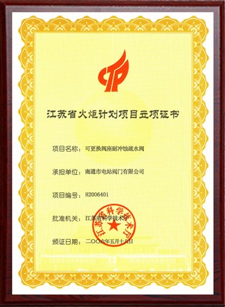 江苏省火炬计划项目立项证书