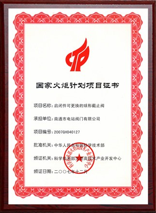 国家火炬计划项目立项证书